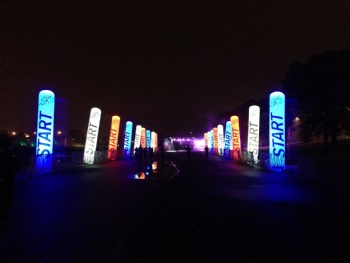 Glowing inflatable columns with printed logos